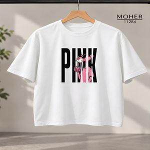 تیشرت سایز بزرگ سفید طرح پلنگ صورتی