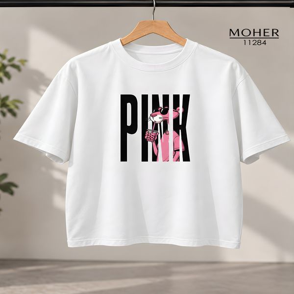تیشرت سایز بزرگ سفید طرح پلنگ صورتی