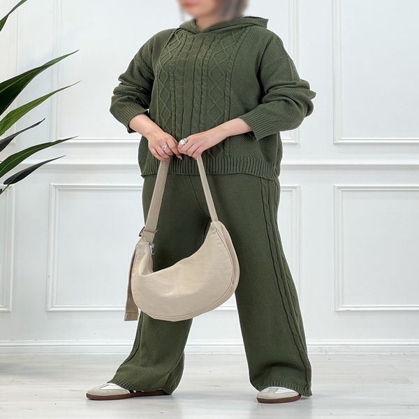 ست هودی شلوار بافت زنانه کلاه‌دار