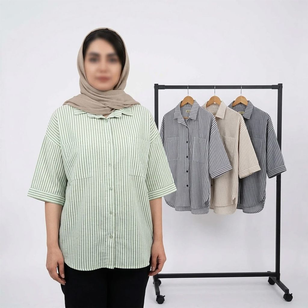 خرید اینترنتی قیمت شومیز زنانه راه راه نگینی کد 11545