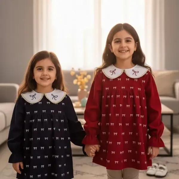 شومیز پاپیونی دخترانه مخمل کبریتی بهاره طرح قلب رنگ زرشکی و سورمه ای سایز 50 تا 60