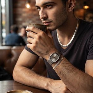 خرید انلاین پکیج ساعت مردانه عقربهای صفحه مربع کاسیونقره ای نیم ست نقره ای ماری مدل fered