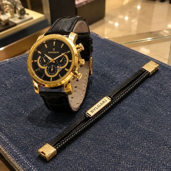 پکیج ساعت romanson مشکی طلایی مدل B62 دستبند چرم مردانه مدل پلاک دار