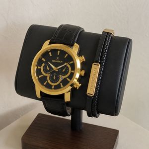 قیمت ارزان پکیج ساعت romanson مشکی طلایی مدل B62 دستبند چرم مردانه مدل پلاک دار