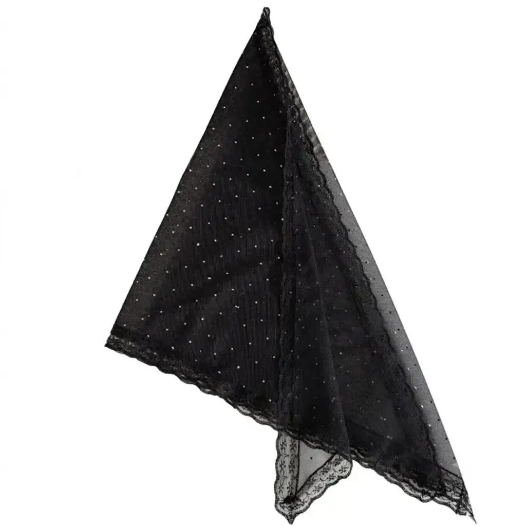 خرید اینترنتی قیمت مینی اسکارف مجلسی نگین دار تور دانتل دوزی شده مشکی 70x70