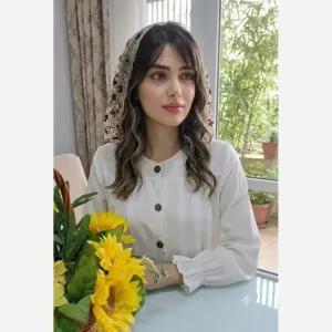 خرید اینترنتی قیمت مینی اسکارف مجلسی سفید سه گوش طرح گل شکوفه ای ابعاد 75 در 75 سانتیمتر جنس توری گیپور