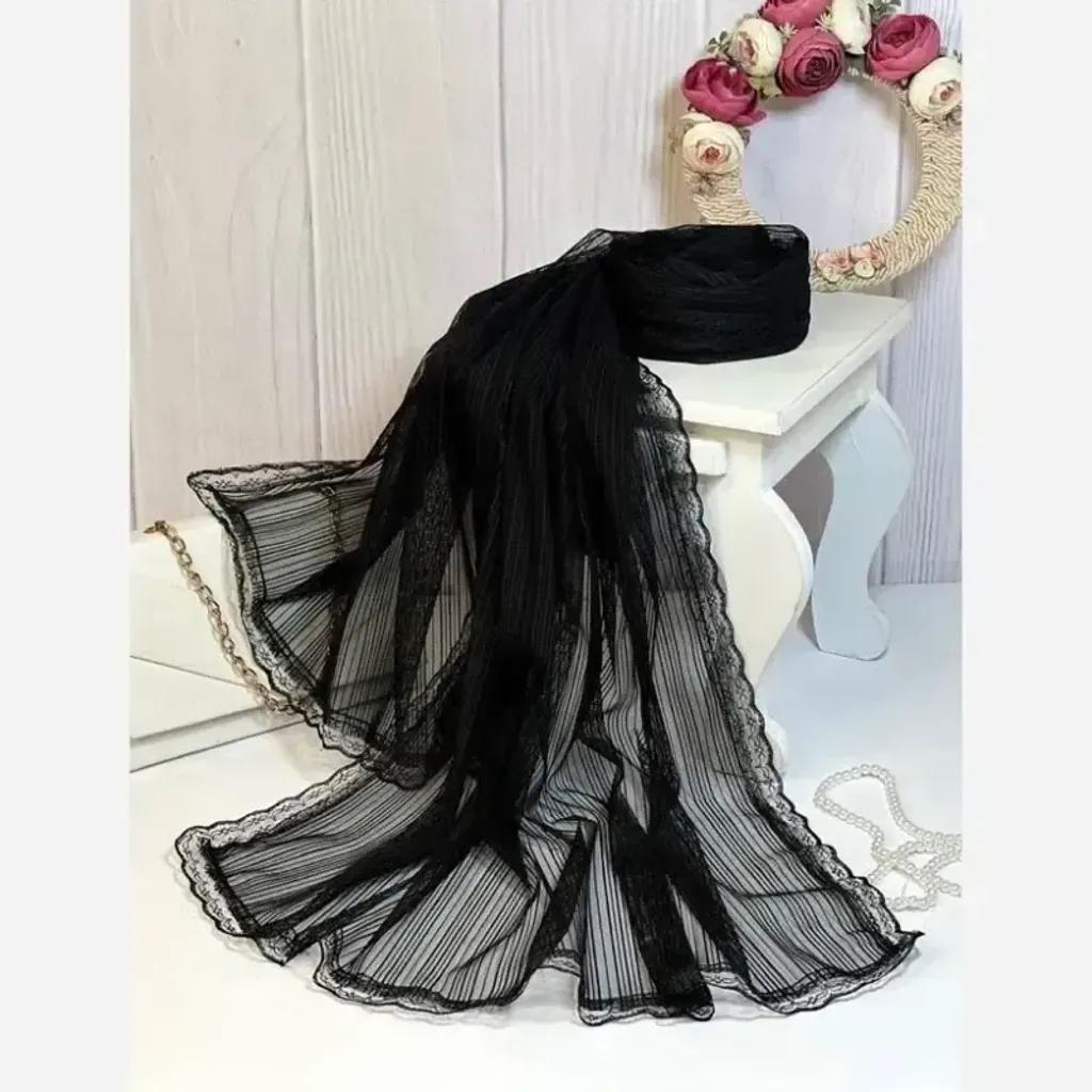خرید اینترنتی قیمت شال مشکی تور دیپلمات زنانه حاشیه گیپور دوزی شده ابعاد 180x52