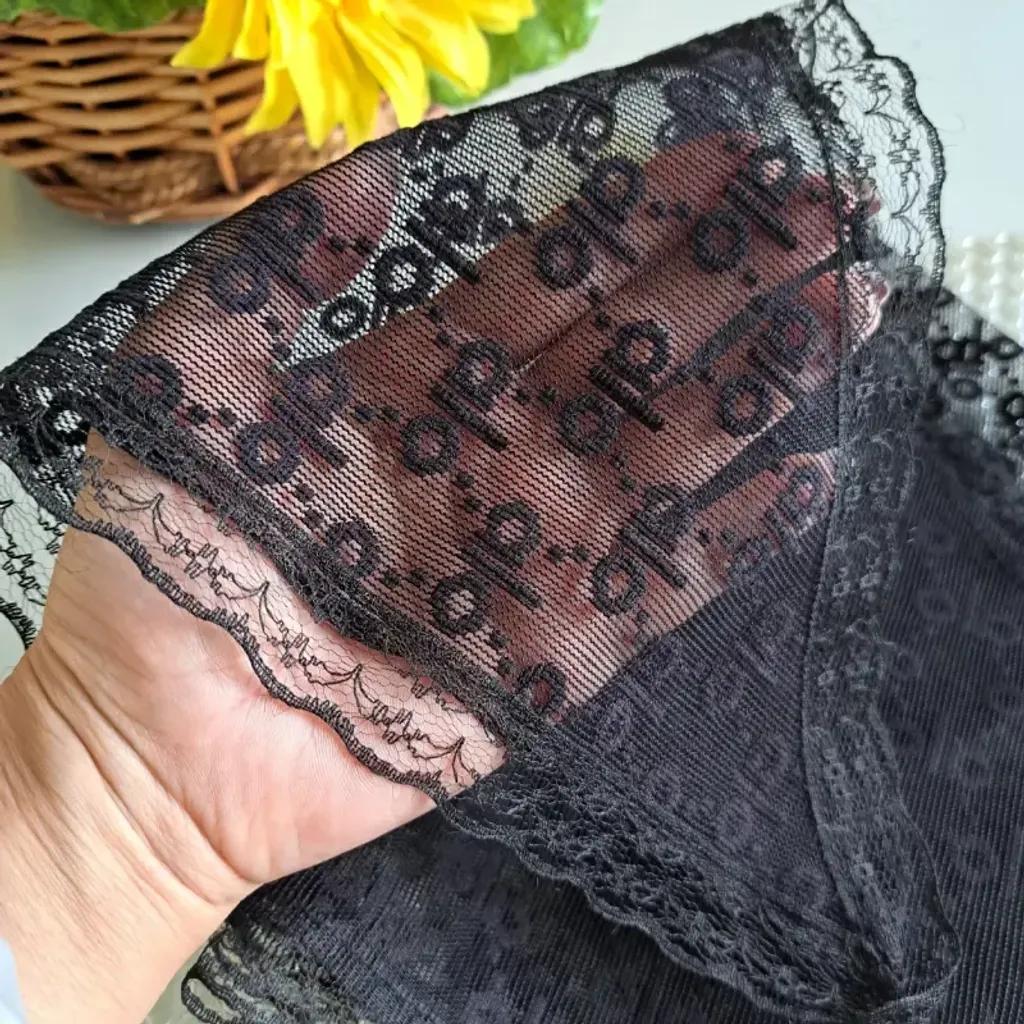 خرید اینترنتی قیمت مینی اسکارف سه گوش طرح الو رنگ مشکی دور گیپور دوزی شده