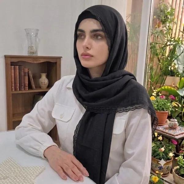 شال زنانه وال اسلپ مشکی سرمه ای نسکافه ای دور گیپور سایز 170 در 70 و 52 سانتی متر