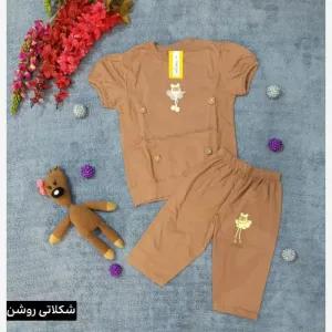 خرید اینترنتی قیمت ست تیشرت شلوارک بچگانه نخ پنبه طرح عروسکی نازنین