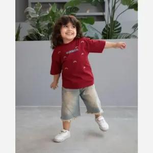 خرید اینترنتی قیمت تیشرت و شلوارک جین کاغذی دخترانه طرح گیلاس سایز 35 و 40