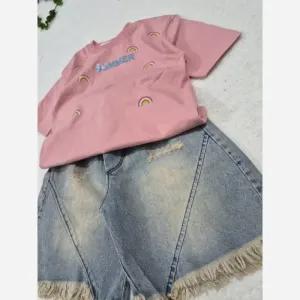 خرید اینترنتی قیمت تیشرت و شلوارک جین کاغذی دخترانه طرح گیلاس سایز 35 و 40