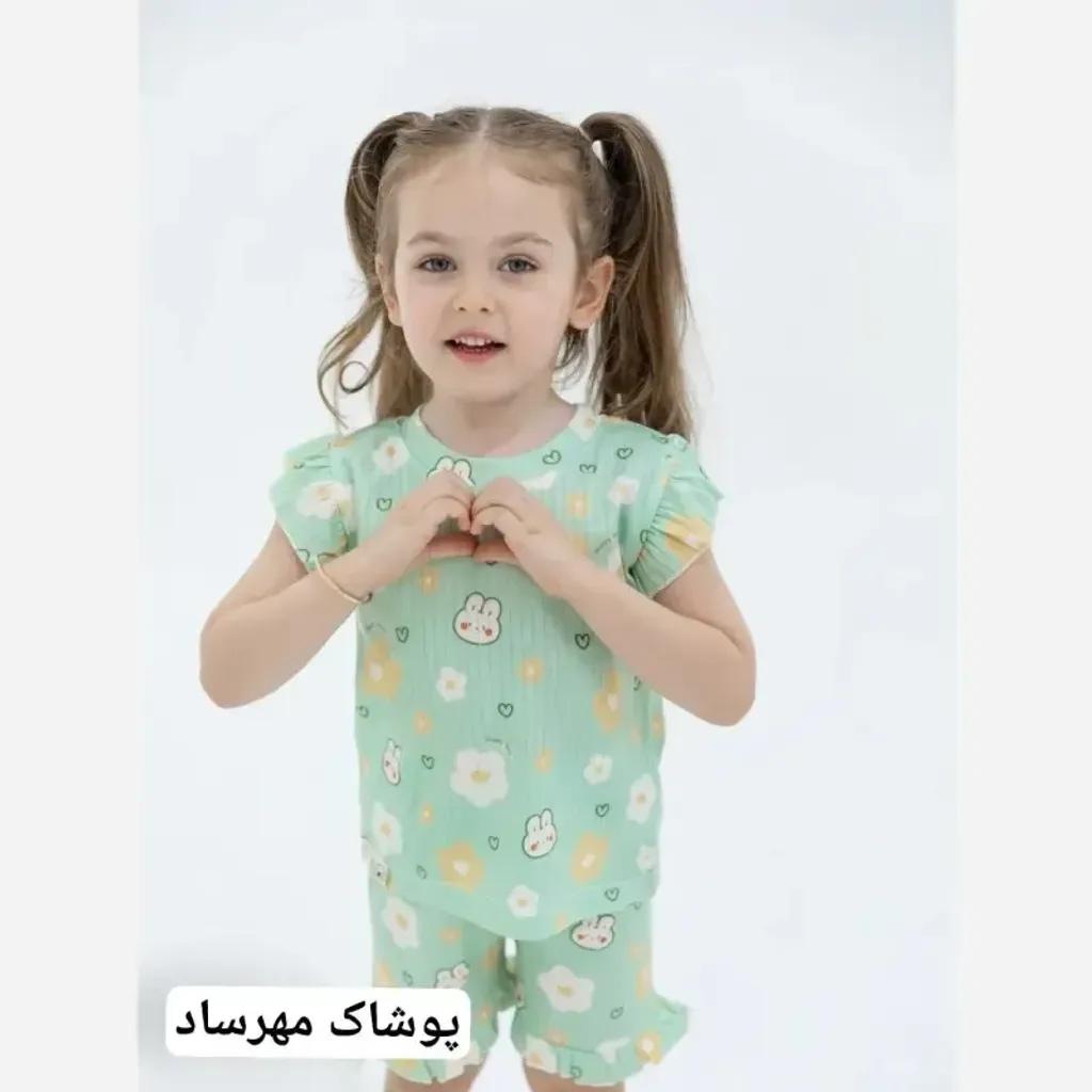 خرید اینترنتی قیمت ست راحتی دخترانه تیشرت و شلوارک طرح خرگوش و پلنگی پنبه کبریتی