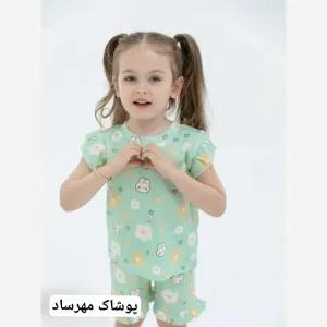 خرید اینترنتی قیمت ست راحتی دخترانه تیشرت و شلوارک طرح خرگوش و پلنگی پنبه کبریتی