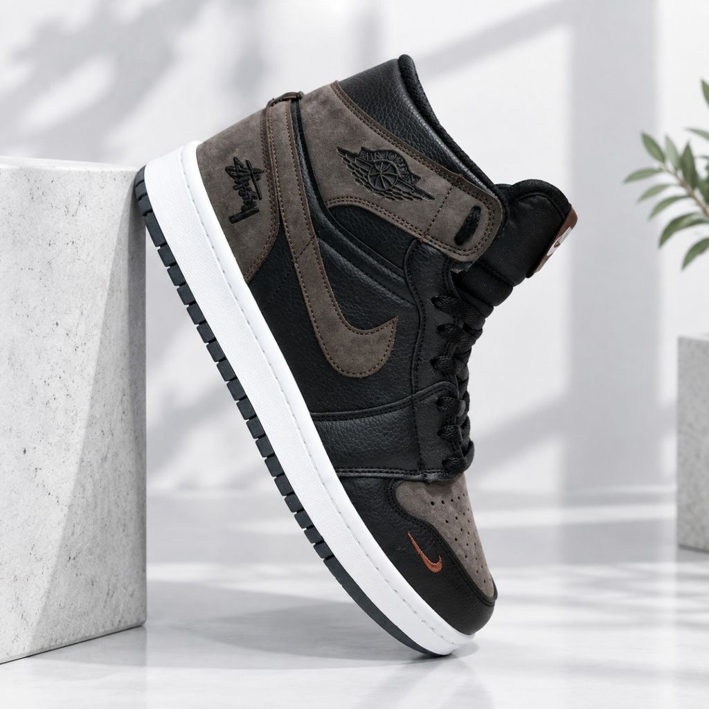 خرید انلاین کتانی ترند جردن وان استاسی ساقدار رنگ جذاب مشکی قهوه ای Nike Jordan Stussy