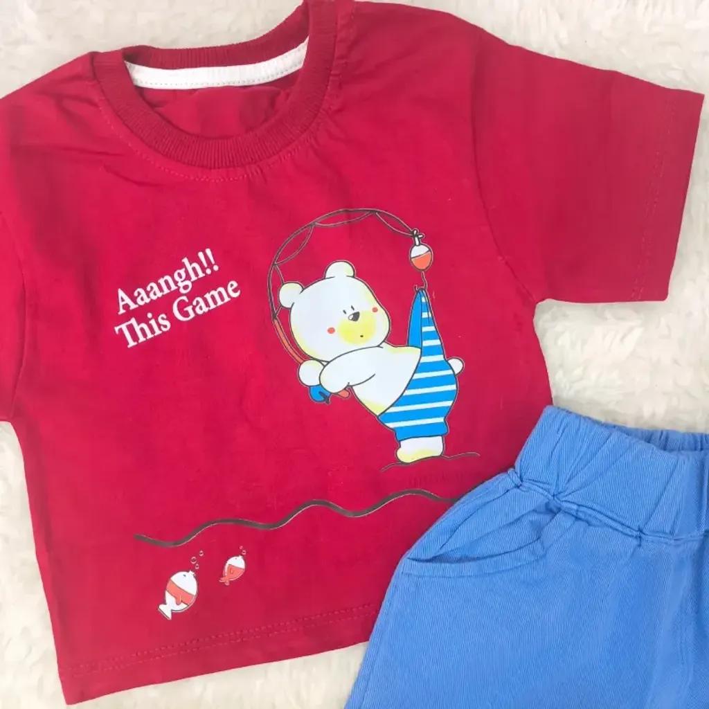 خرید اینترنتی قیمت تیشرت شورت نوزادی پسرانه ست تابستانه طرح خرس ماهیگیر جنس پنبه و کتان
