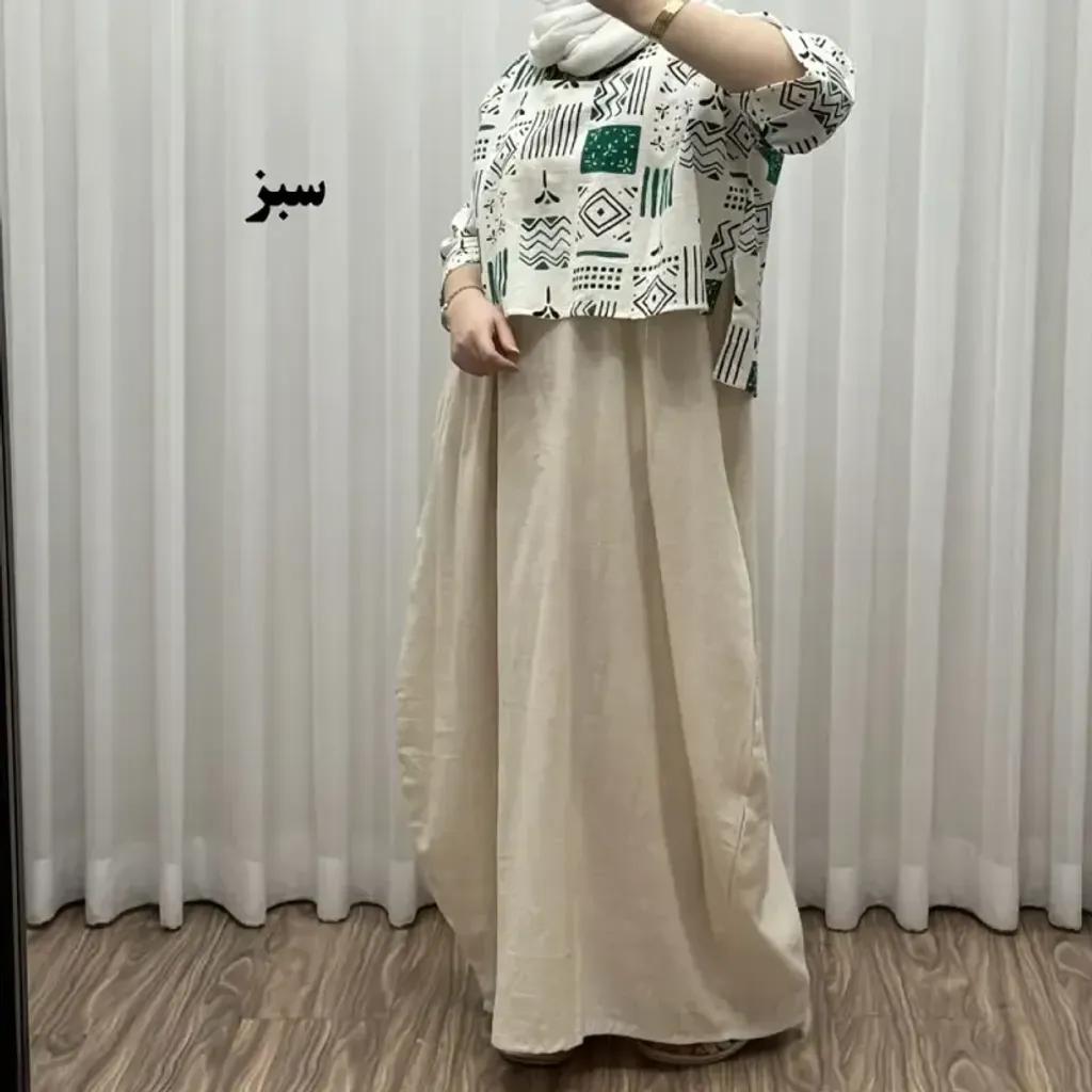 خرید اینترنتی قیمت ست کراپ و سارافون لینن زنانه فری سایز مناسب تا 48
