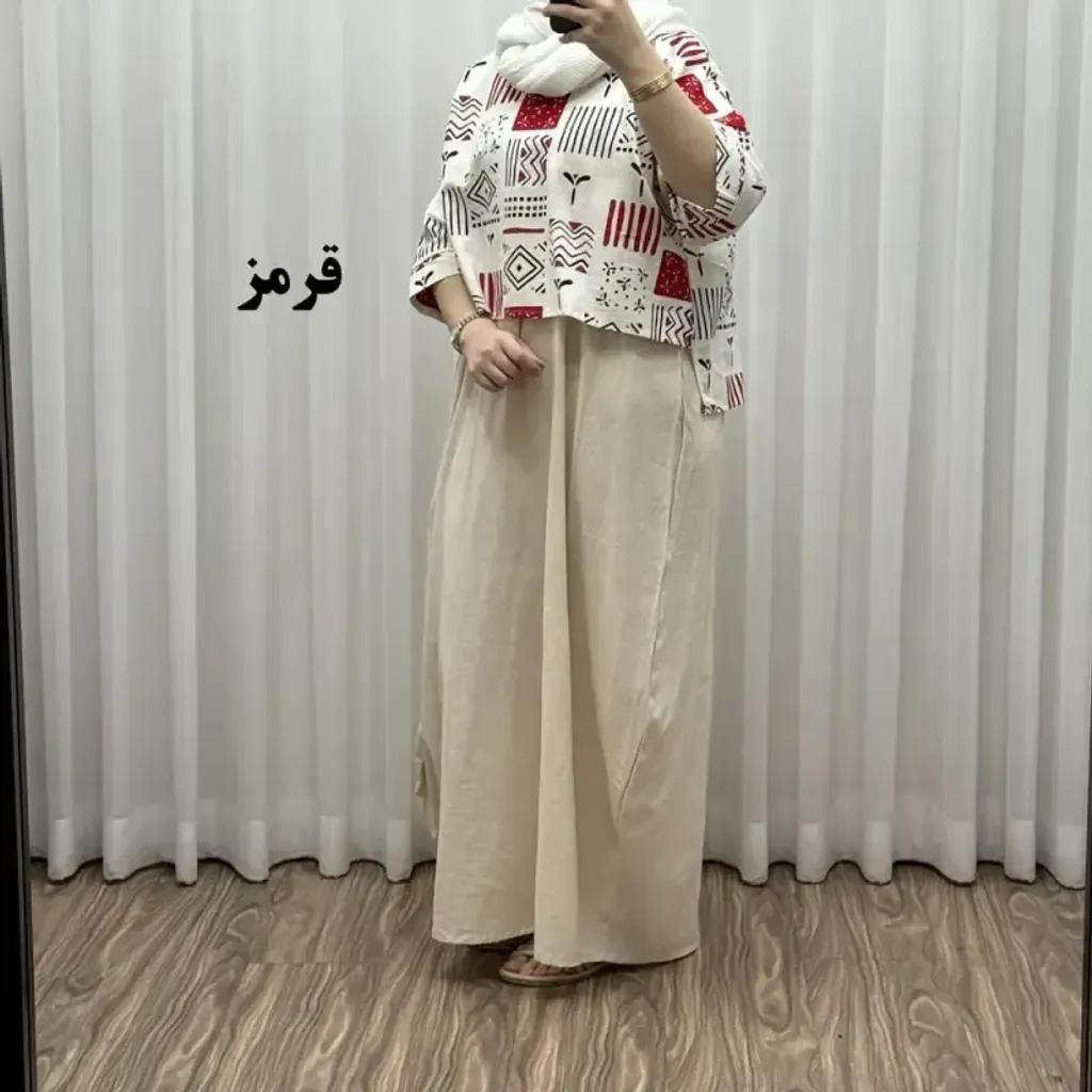 خرید اینترنتی قیمت ست کراپ و سارافون لینن زنانه فری سایز مناسب تا 48