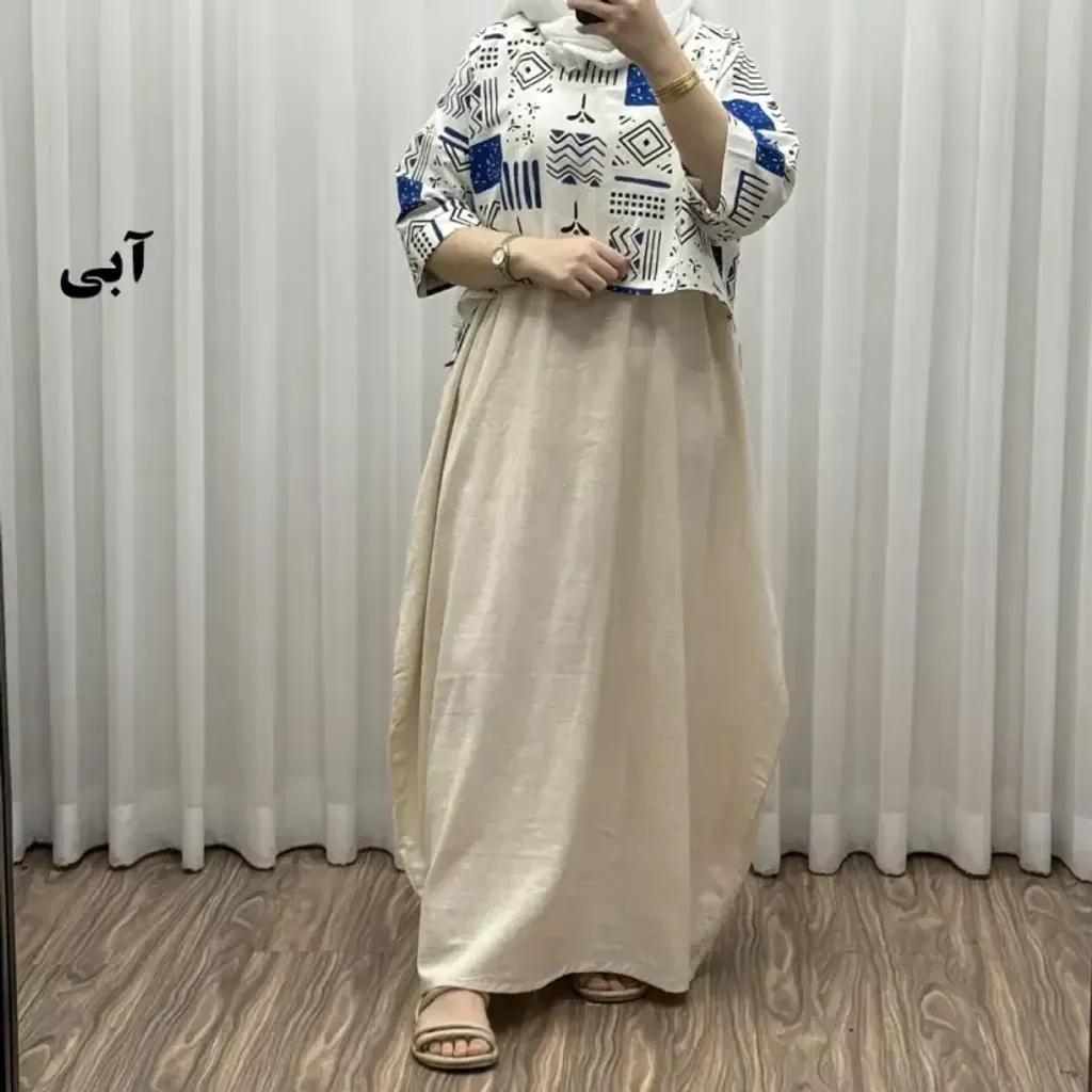 خرید اینترنتی قیمت ست کراپ و سارافون لینن زنانه فری سایز مناسب تا 48