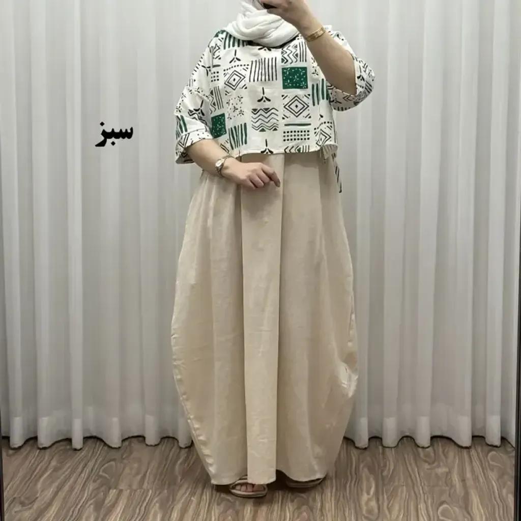 خرید اینترنتی قیمت ست کراپ و سارافون لینن زنانه فری سایز مناسب تا 48
