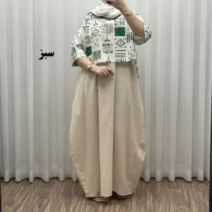 خرید اینترنتی قیمت ست کراپ و سارافون لینن زنانه فری سایز مناسب تا 48