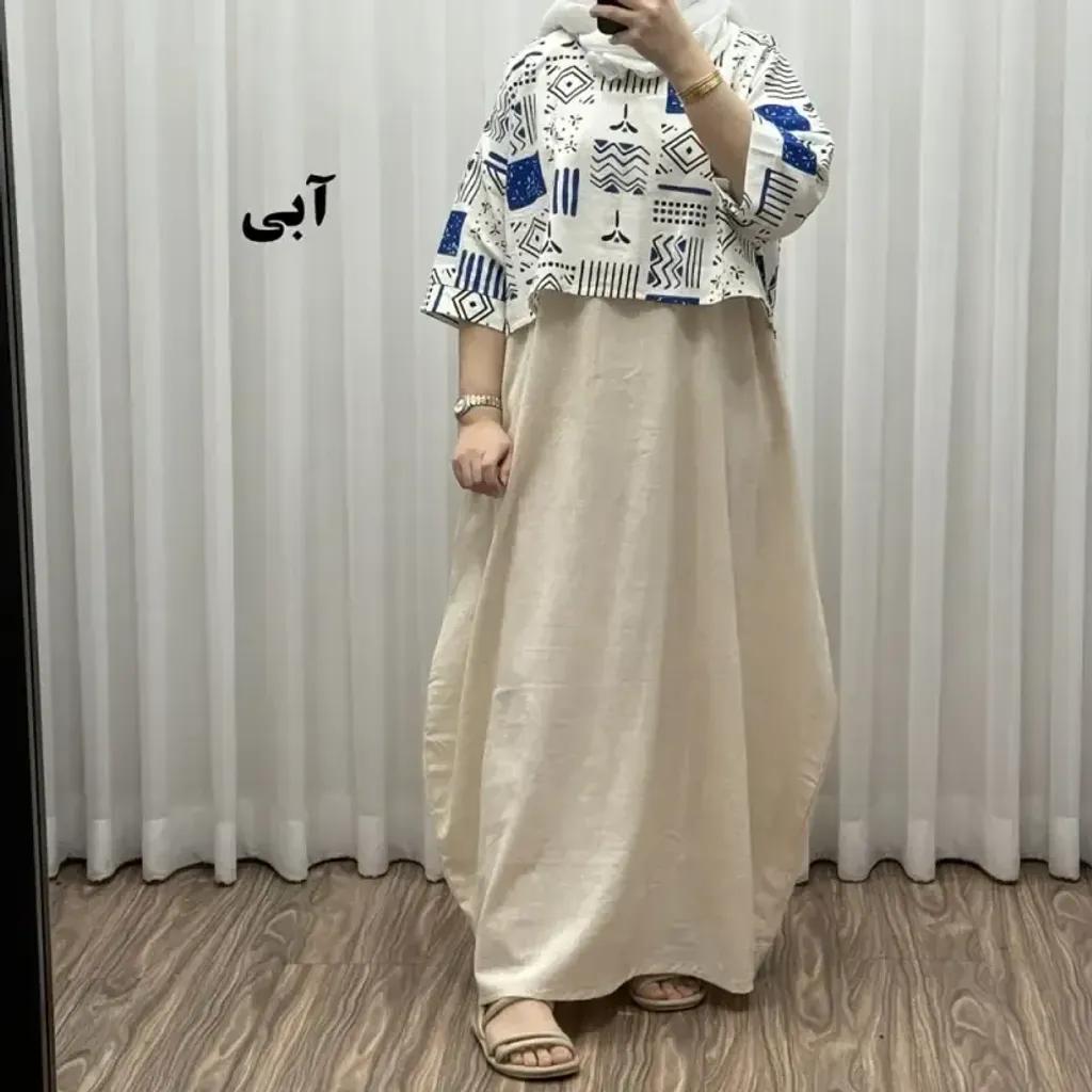خرید اینترنتی قیمت ست کراپ و سارافون لینن زنانه فری سایز مناسب تا 48