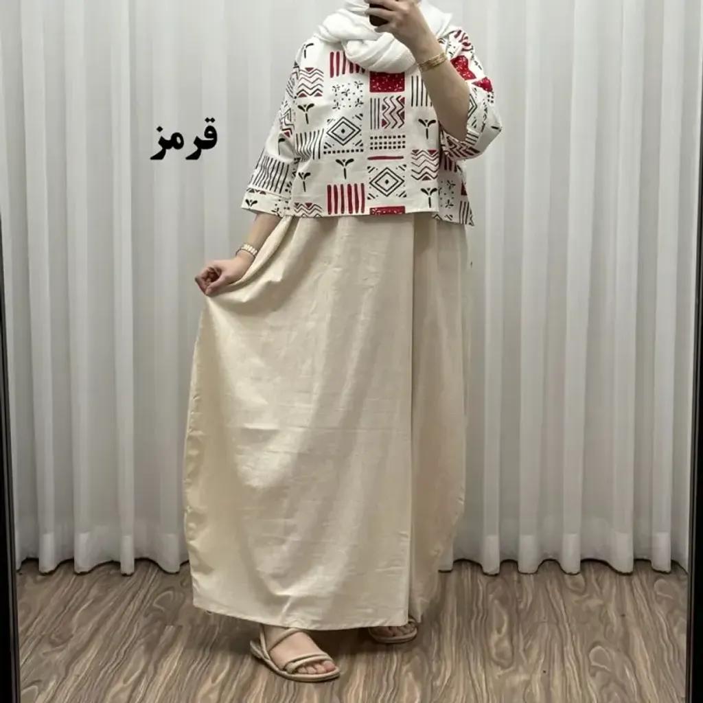 خرید اینترنتی قیمت ست کراپ و سارافون لینن زنانه فری سایز مناسب تا 48