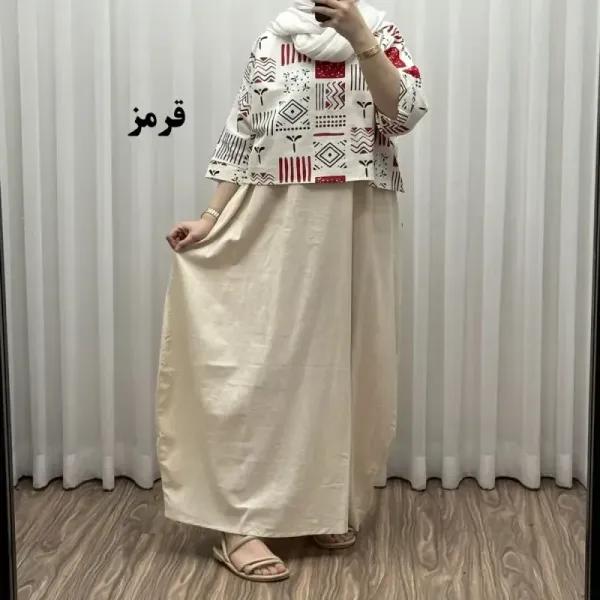 ست کراپ و سارافون لینن زنانه فری سایز مناسب تا 48