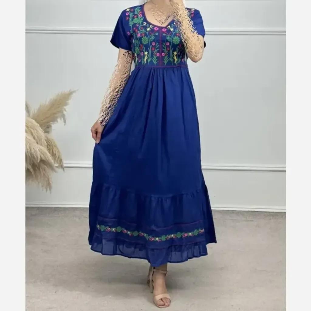 خرید اینترنتی قیمت پیراهن ساحلی نخی گلدوزی شده زنانه فری سایز تا 48 آستردار کمربنددار 6 رنگ
