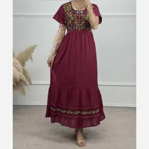 خرید اینترنتی قیمت پیراهن ساحلی نخی گلدوزی شده زنانه فری سایز تا 48 آستردار کمربنددار 6 رنگ