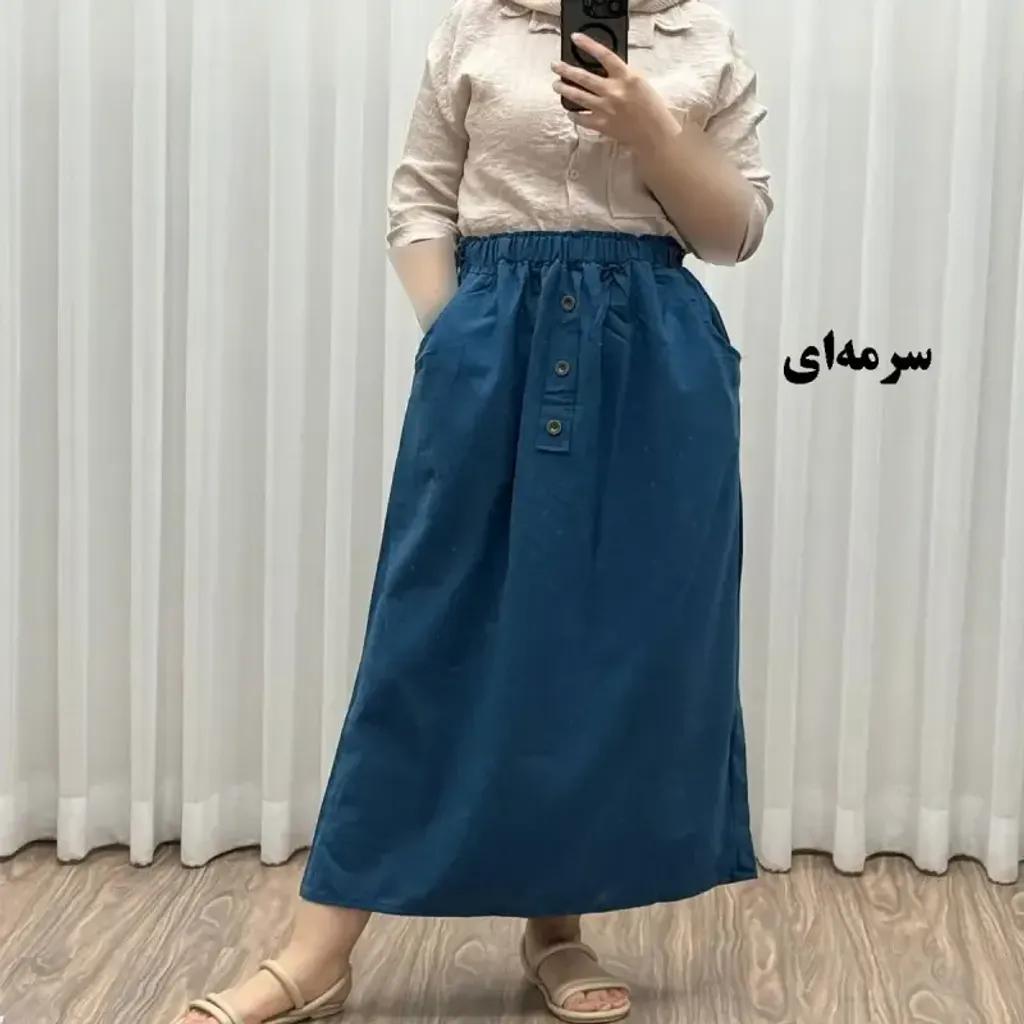 خرید اینترنتی قیمت دامن لینن زنانه و دخترانه فری سایز مناسب تا سایز 48 قد 93 سانتیمتر