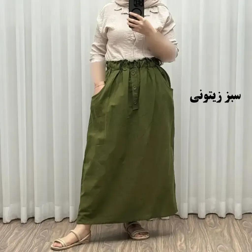 خرید اینترنتی قیمت دامن لینن زنانه و دخترانه فری سایز مناسب تا سایز 48 قد 93 سانتیمتر