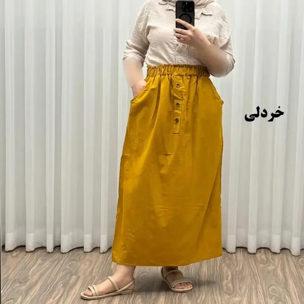 خرید اینترنتی قیمت دامن لینن زنانه و دخترانه فری سایز مناسب تا سایز 48 قد 93 سانتیمتر