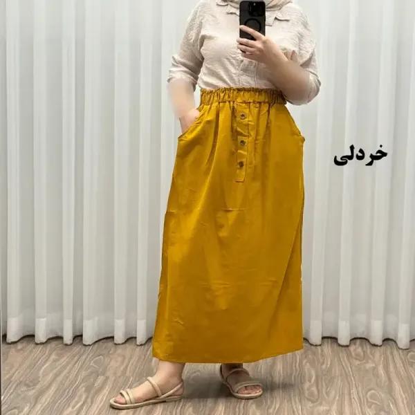 دامن لینن زنانه و دخترانه فری سایز مناسب تا سایز 48 قد 93 سانتیمتر