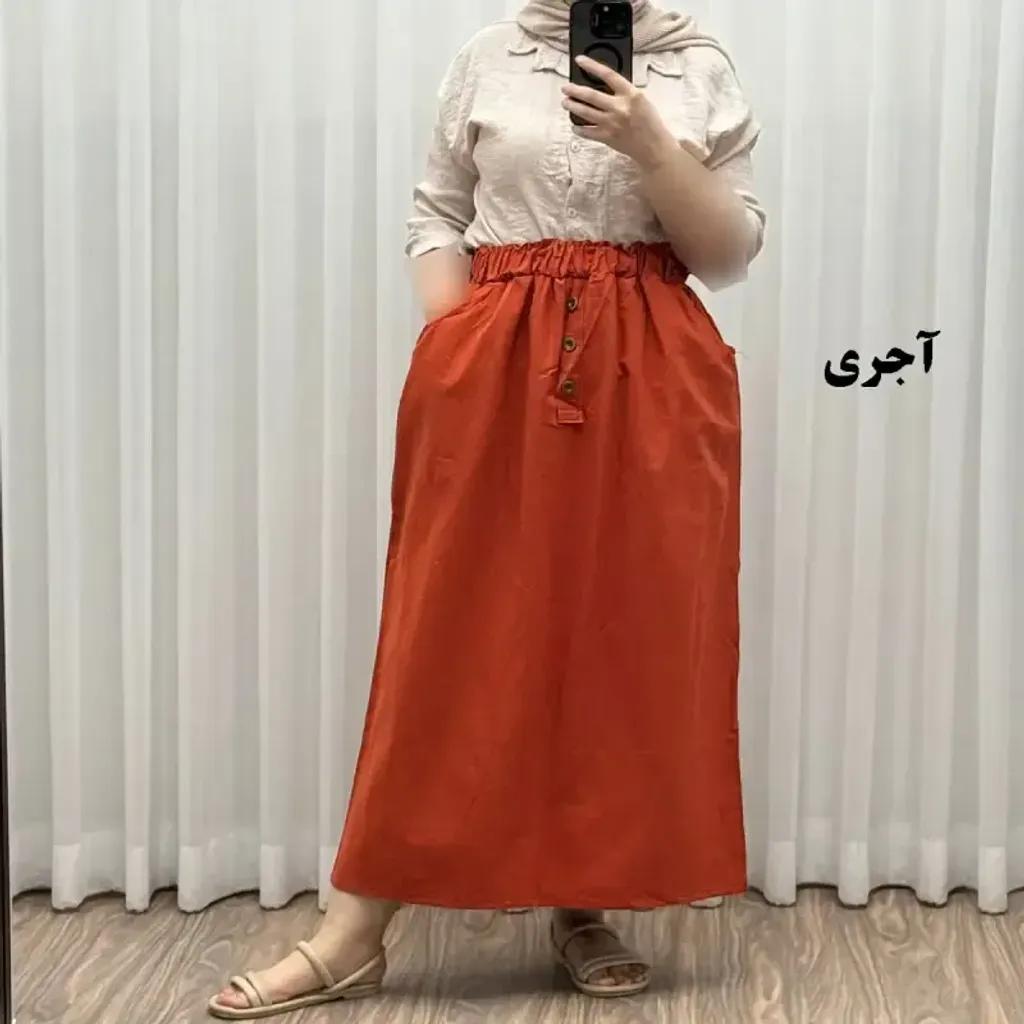 خرید اینترنتی قیمت دامن لینن زنانه و دخترانه فری سایز مناسب تا سایز 48 قد 93 سانتیمتر
