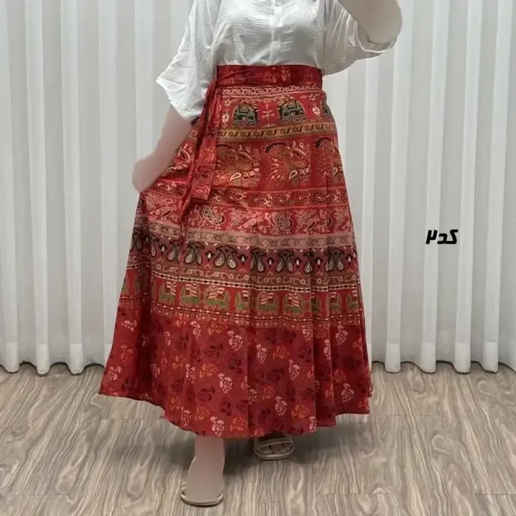 خرید اینترنتی قیمت دامن زنانه لنگی کتان فری سایز مناسب تا سایز 52