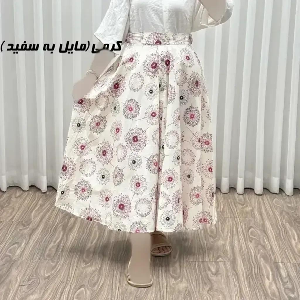 خرید اینترنتی قیمت دامن لینن کلوش تمام دکمه مدل قاصدک فری سایز مناسب تا 44