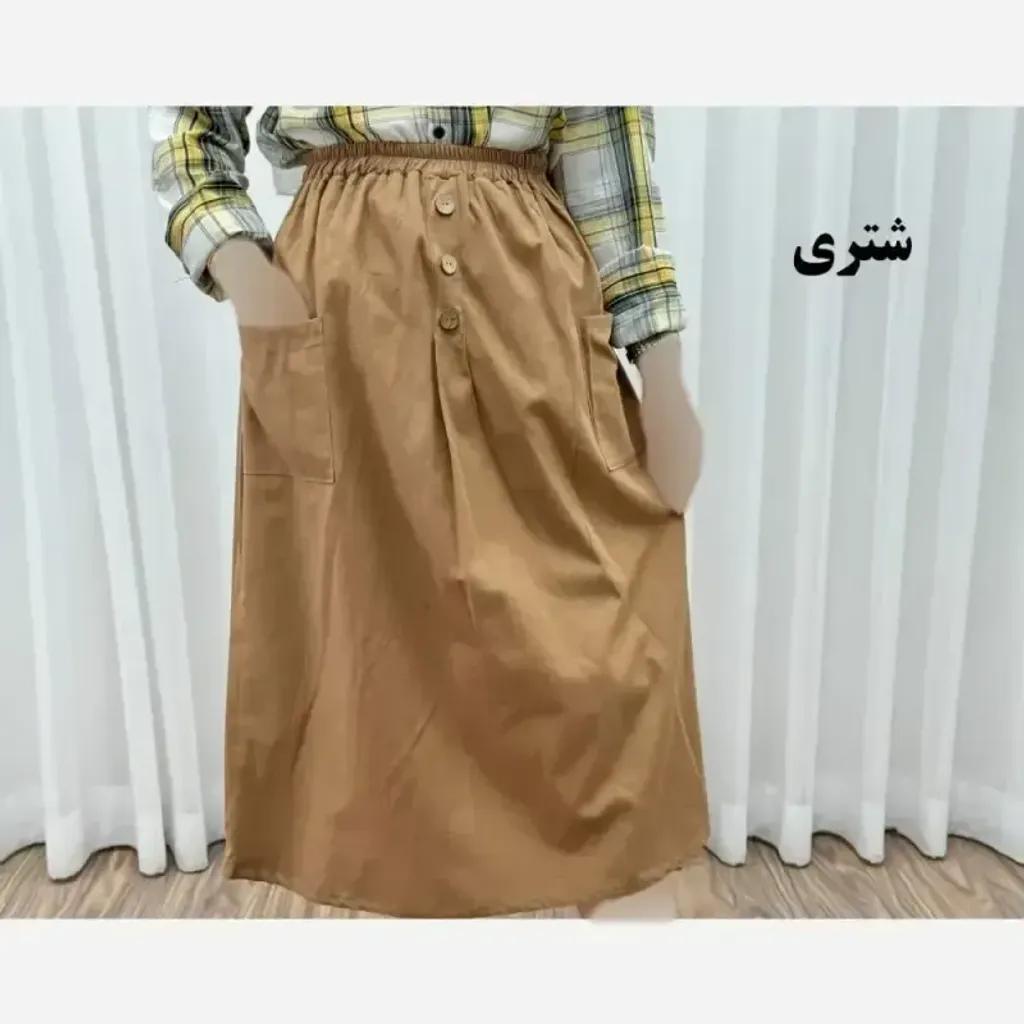 خرید اینترنتی قیمت دامن لنین جلو جیب فری سایز مناسب تا سایز 48