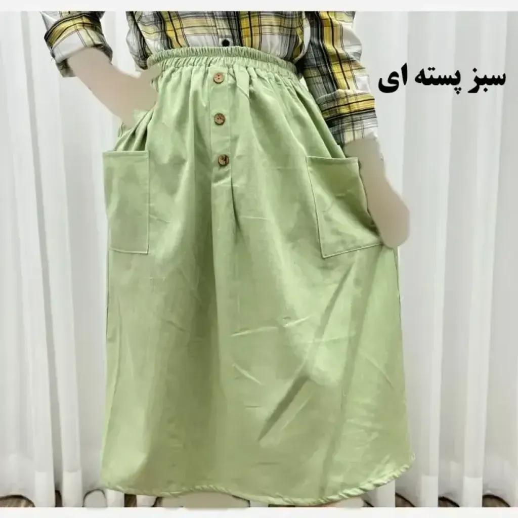 خرید اینترنتی قیمت دامن لنین جلو جیب فری سایز مناسب تا سایز 48