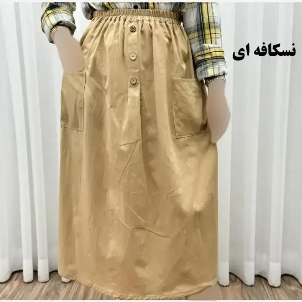 خرید اینترنتی قیمت دامن لنین جلو جیب فری سایز مناسب تا سایز 48