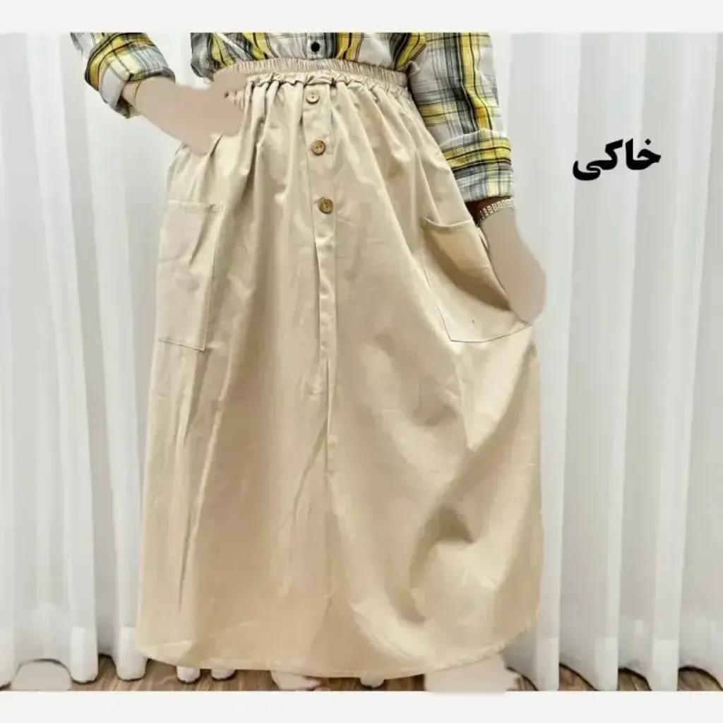 خرید اینترنتی قیمت دامن لنین جلو جیب فری سایز مناسب تا سایز 48