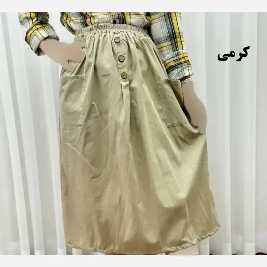 خرید اینترنتی قیمت دامن لنین جلو جیب فری سایز مناسب تا سایز 48