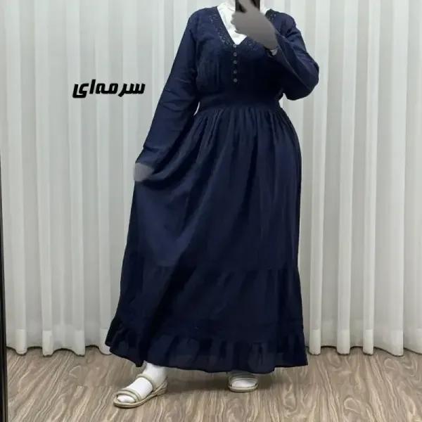 پیراهن ساحلی زنانه آستین بلند نخی تافته فری سایز مدل سلن دکمه دار آستردار