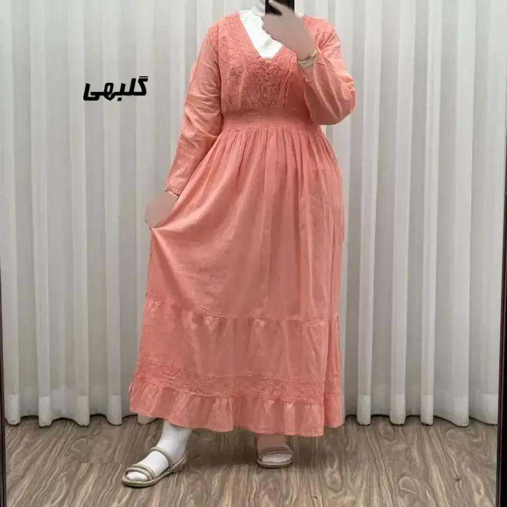 خرید اینترنتی قیمت پیراهن ساحلی زنانه آستین بلند نخی تافته فری سایز مدل سلن دکمه دار آستردار