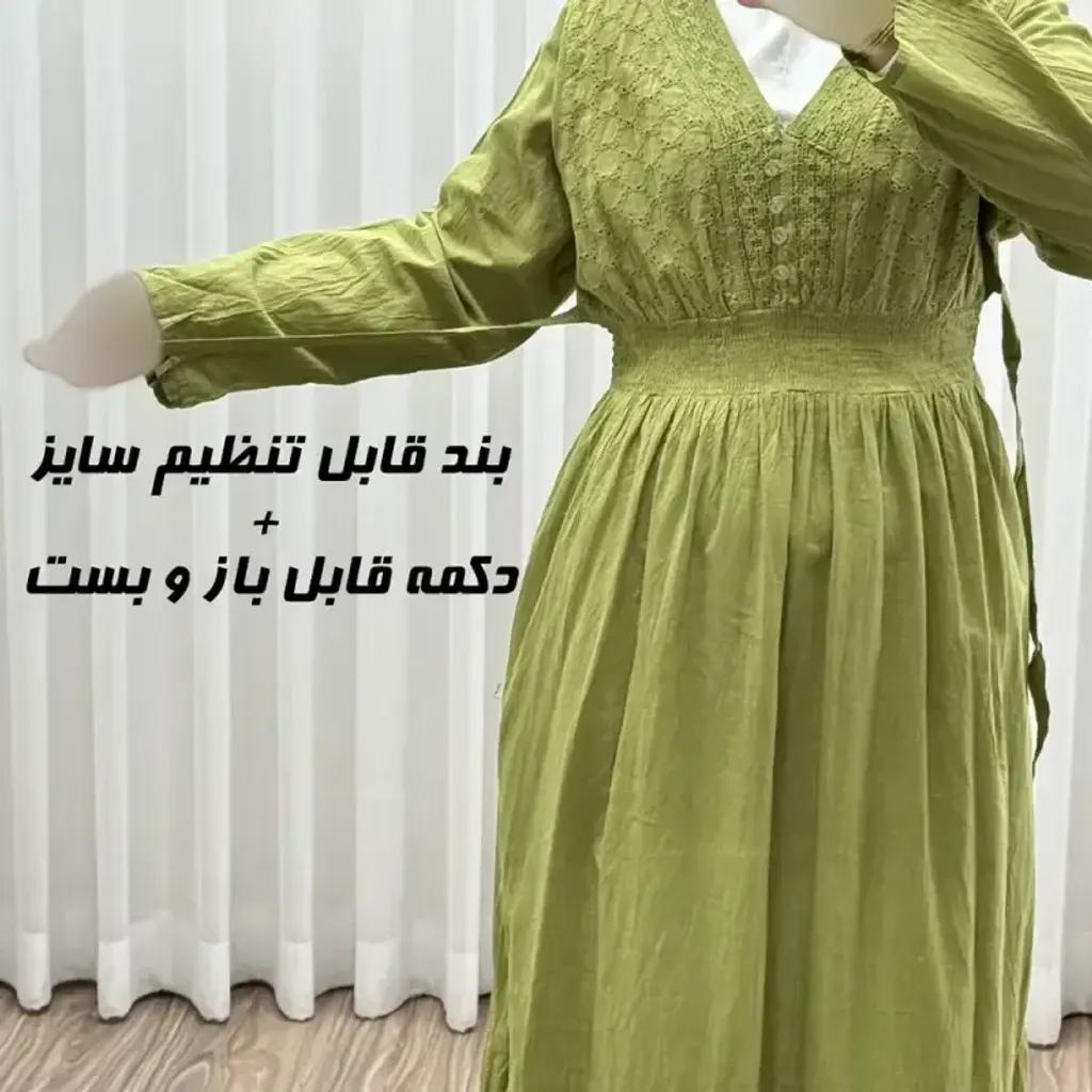 خرید اینترنتی قیمت پیراهن ساحلی زنانه آستین بلند نخی تافته فری سایز مدل سلن دکمه دار آستردار