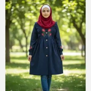 خرید اینترنتی قیمت مانتو دخترانه مدل ثمین جنس لینن گلدوزی شده مناسب 10 تا 14 سال