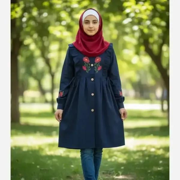 مانتو دخترانه مدل ثمین جنس لینن گلدوزی شده مناسب 10 تا 14 سال