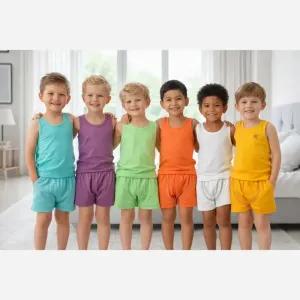 خرید اینترنتی قیمت ست رکابی و شورت پسرانه نخ پنبه سوپر در 6 رنگ شاد و ضد حساسیت
