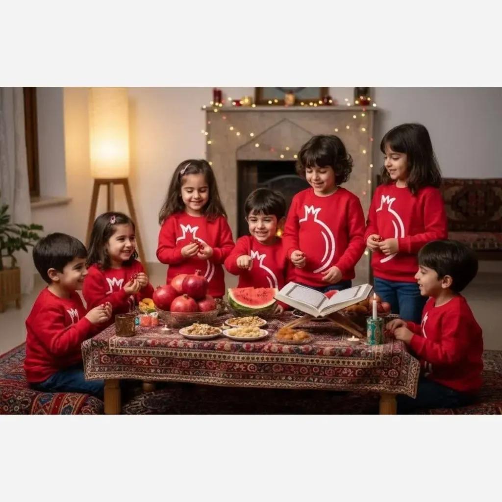 خرید اینترنتی قیمت بلوز یلدایی طرح انار دخترانه و پسرانه جنس دورس سایز 2 تا 9 سال