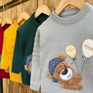 خرید اینترنتی قیمت بلوز بافت گپ بچگانه طرح خرس و بادکنک با کلاه جین مناسب دختر و پسر سایز 1 تا 7 سال